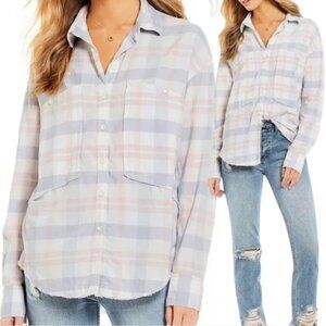 Free People Loveland Plaid Button Down Shirt Women's Small White Boho Pastel
